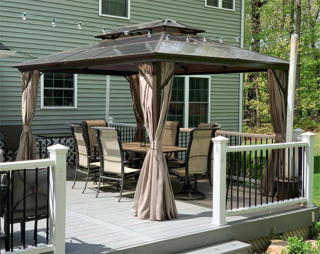 EROMMY 10'x13' Gazebo Polycarbonate Double Roof Canopy Outdoor Aluminum Frame Pergolas with Netting and Curtains for Garden Patio Lawns Parties EROMMY