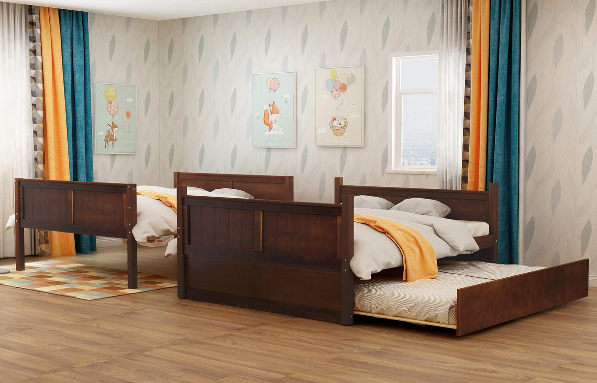 Full Over Full Bunk Bed with Trundle, Solid Wood Bunk Beds with Full-Length Safety Guard Rail and Ladder, Can be Separated to 2 Full Size platform Beds, for Kids, Teens and Adults (Walnut, New) MERITLINE
