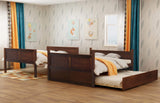 KLMM Full Over Full Bunk Bed with Trundle, Solid Wood Bunk Bed with Ladder and Safety Guard Rail, Can Accommodate 5 Person, Apply to Bedroom/Dormitory (Walnut) KLMM
