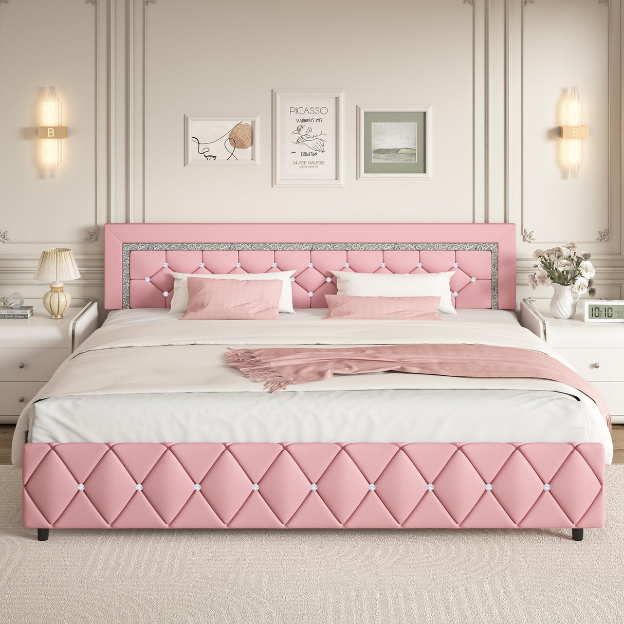 King Size Bed Frame, Faux Leather Upholstered Bed with Diamond Tufted Headboard, Modern King Size Bed with Wooden Slats Support, No Box Spring Required, Easy Assembly, Pink BarnFurin