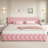 King Size Bed Frame, Faux Leather Upholstered Bed with Diamond Tufted Headboard, Modern King Size Bed with Wooden Slats Support, No Box Spring Required, Easy Assembly, Pink BarnFurin