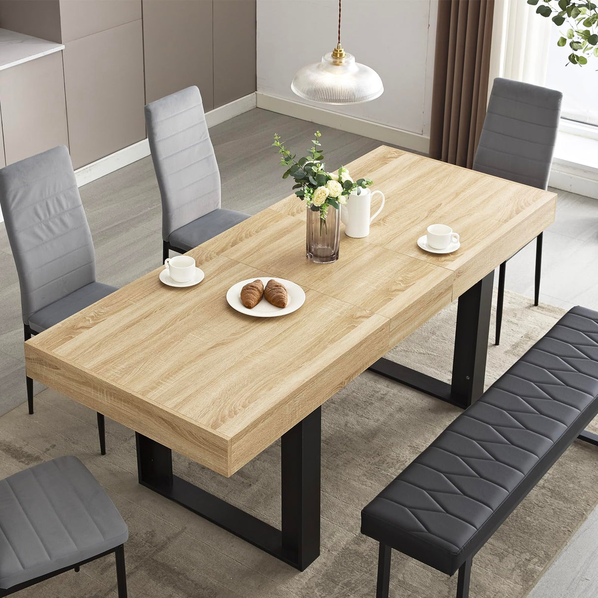 STHOUYN 63”-79” Extendable Dining Room Table, Modern Farmhouse Wooden Kitchen Table, Long Expandable Dining Table for 6 8 10, Large Expanding Table Conference Tables (Rustic Oak) STHOUYN