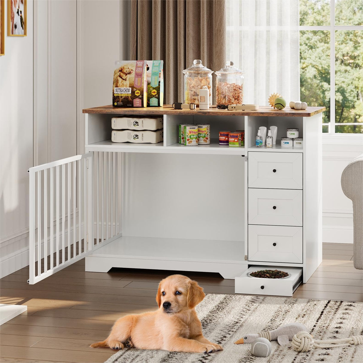 GarveeLife 48 Inch Large Dog Crate Furniture, Farmhouse Dog Kennel with Dog Bowl, 3 Drawers, 3 Open Drawers, Heavy Duty Dog Crate Table for Medium Small Dogs for Living Room, Entryway, White GarveeLife