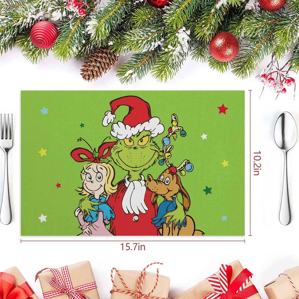 DAZONGE Set of 6 Christmas Table Placemats, Green Xmas Placemats for Dining Table Decor, Washable Table Mats for Christmas Holiday Home Kitchen Decor DAZONGE