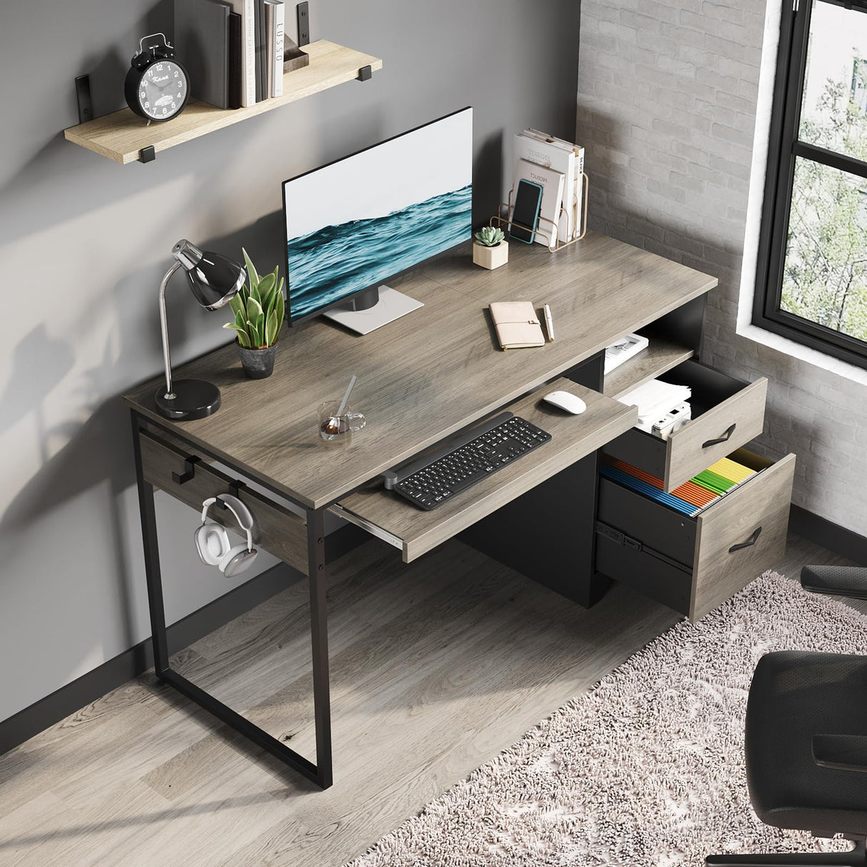 Bestier 48” Computer Desk with Drawers, Office Desk with Storage, Industrial Wood Writing Desk with File Drawer, Keyboard Tray & 2 Hooks for Home Office & Studio, Gray Bestier