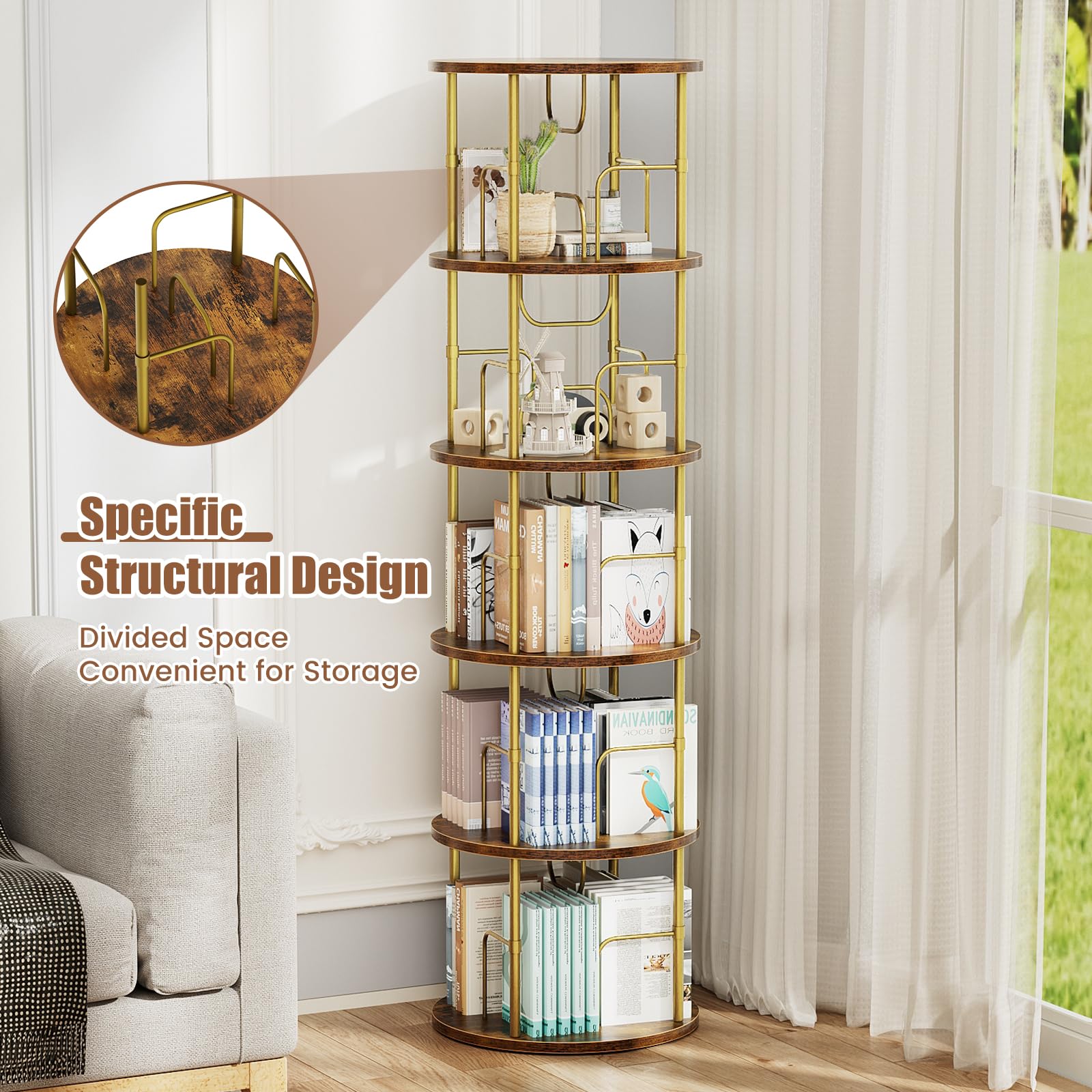 ALLSTAND 5-Tier 360° Rotating Gold Bookshelf - Space-Saving Swivel Bookcase for Stylish Storage - WoodArtSupply