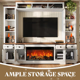 AMERLIFE 98in Farmhouse Entertainment Center with 36" Fireplace, TV Stand, Bookshelf, Wine Cabinet, Fits 78" TVs, Wall Unit Media Console with Power Outlets & Barn Doors, Living Room, Distressed White AMERLIFE