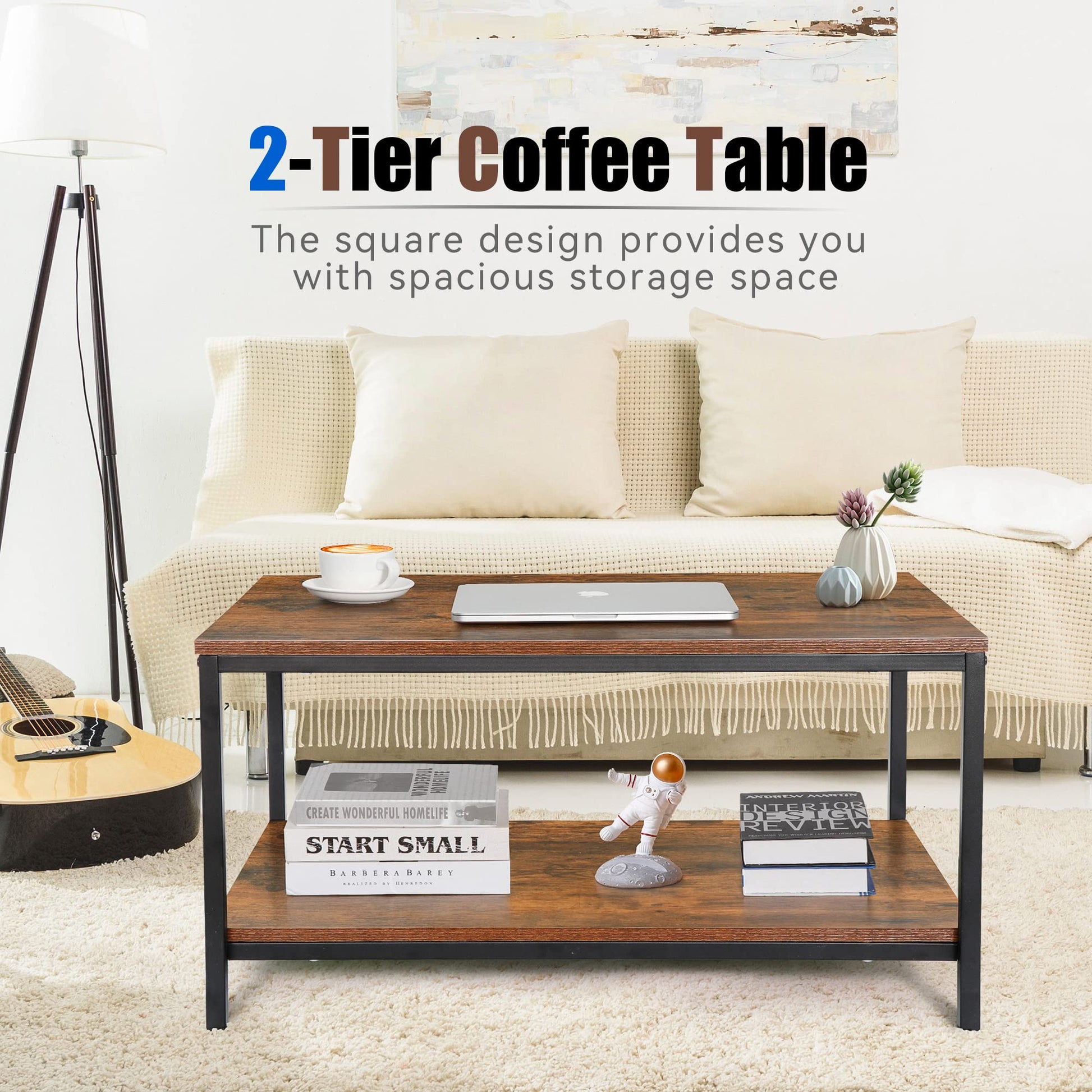 ZenStyle Industrial Coffee Table with Storage Shelf for Living Room, Wood Look Accent Furniture with Vintage Wooden Board Stable Metal Frame Cocktail Table 2-Tier Tea Table, Rustic Brown - WoodArtSupply