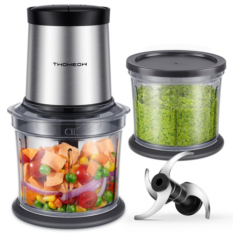 TWOMEOW Food Processor 4 Cup, Electric Food Chopper, 【Small but Powerful】Meat Grinder with 2 Bowls, 2 Speed & 4 Blades for Vegetable, Meat, Nuts, Functions for Chopping, Dicing, Mixing and Puree TWOMEOW