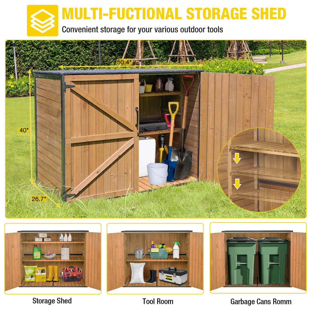 Aivituvin Outdoor Storage Cabinet Trash Can Storage Shed Upgraded with Metal Frame for Garbage Can, Gardening Tools and Accessories 50" L x 27.6" D x 41" H Aivituvin