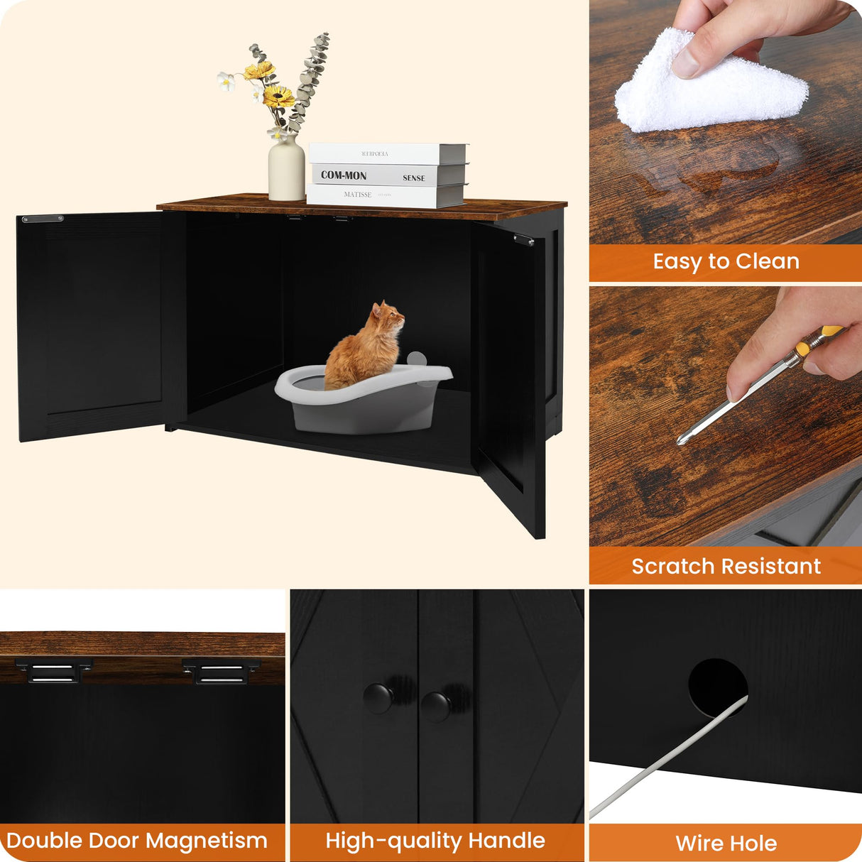 Dwanton Litter Box Enclosure, Cat Litter Box Furniture Hidden, Reversible Entrance Can Be on Left or Right Side, Wooden Cat Washroom Indoor, Black and Rustic Brown, 27.6 Inches Dwanton