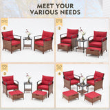AVAWING 5 Pieces Patio Furniture Set, Outdoor Rattan Chairs with Metal Coffee Table, Ottomans & Soft Cushions, Wicker Conversation Bistro Set for Garden, Porch, Deck, Balcony (Red) AVAWING