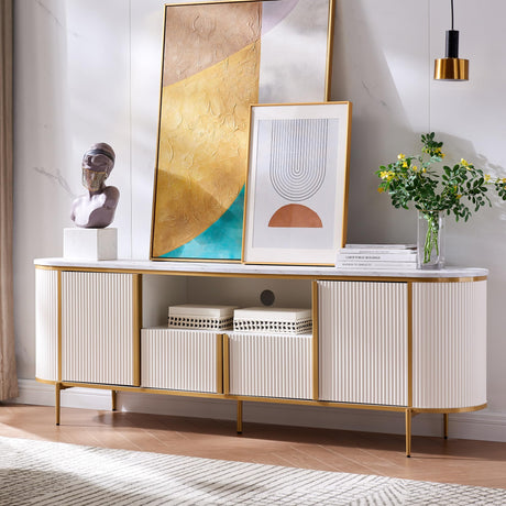 OKD Luxury 70" Fluted TV Stand, Modern Chic Entertainment Center for TVs Up to 80 inches, TV Console with Faux Marble Top, Curved Profile Design, Media Console for Living Room, Off White OKD