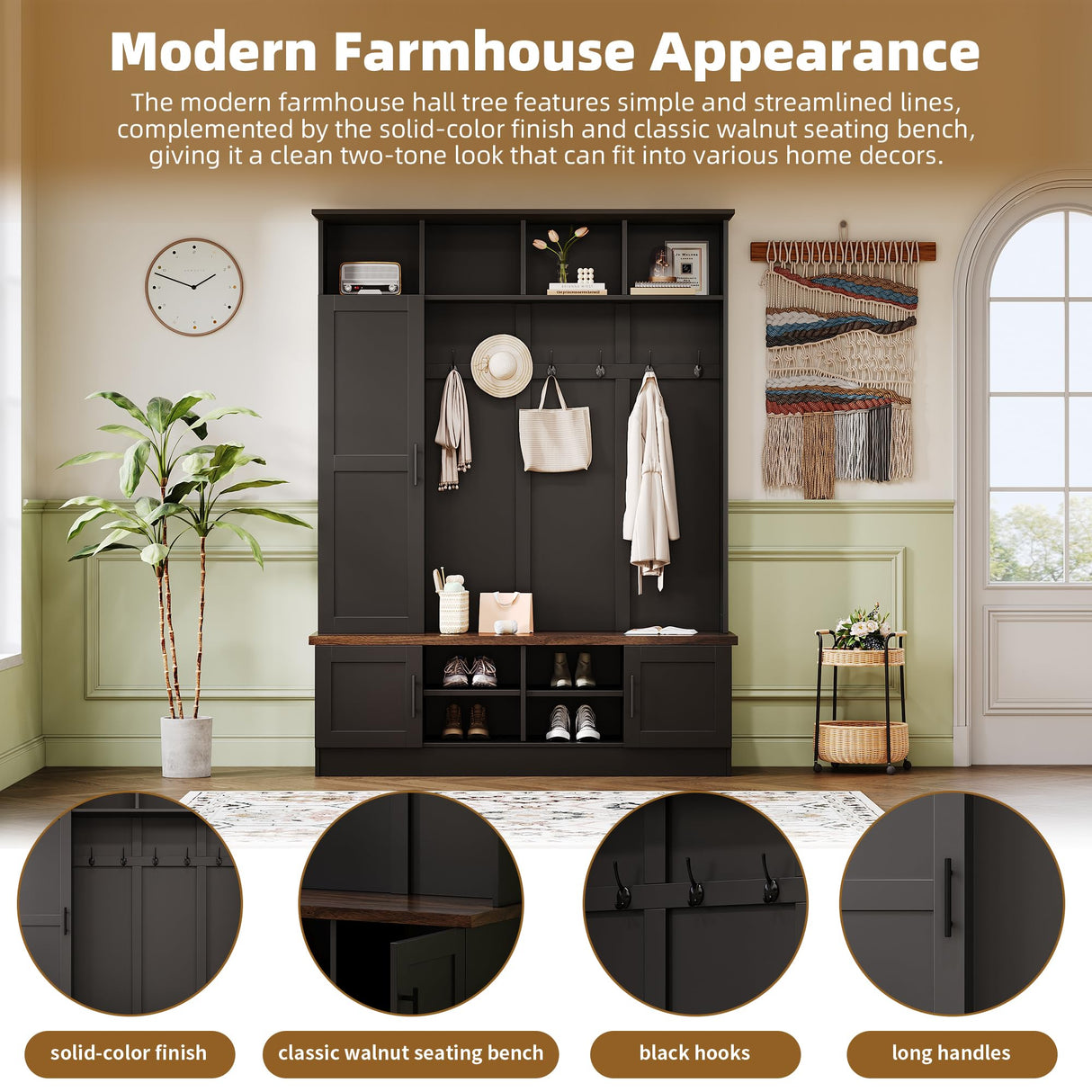 Merax Farmhouse Wood Hall Tree with Shoe Bench and 2 Drawers, 4-in-1 Coat Rack with 6 Hooks for Entrance, Hallway, Mudroom Black Merax