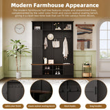 Merax Farmhouse Wood Hall Tree with Shoe Bench and 2 Drawers, 4-in-1 Coat Rack with 6 Hooks for Entrance, Hallway, Mudroom Black Merax