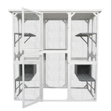 Catio Outdoor Wooden Cat Enclosure, 71" Outdoor Cat House Weatherproof Asphalt Roof, Large Solid Wood Cat Cage with 5 Jumping Platforms & 2 Napping Houses, Walk-in Cat Kennel Condo Shelter White ShiningLove