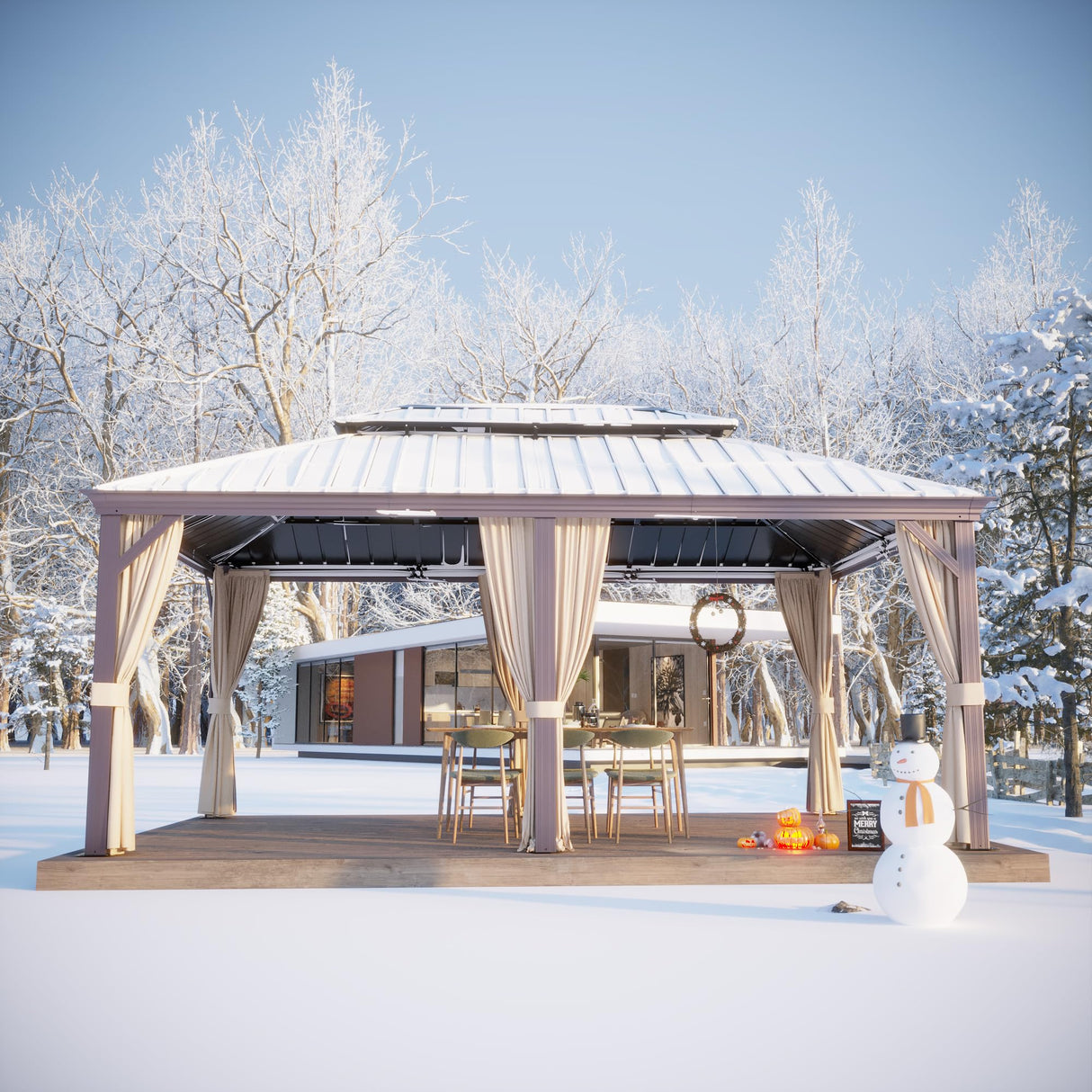 Gardenbee 12x18 ft Gazebo Double Roof Canopy with Netting and Curtains, Outdoor Gazebo 2-Tier Hardtop Galvanized Aluminum Frame Garden Tent for Patio, Backyard, Deck and Lawns Gardenbee