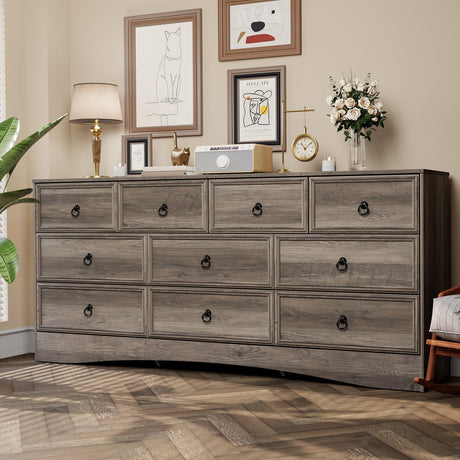 VVFLU Farmhouse 10 Drawer Dresser for Bedroom – 63'' Long Dresser Wood Chest of Drawers,TV Stand for 75 inch TV, Storage Organizer Furniture, Hallway, Entryway, Closet, Brownish Grey VVFLU