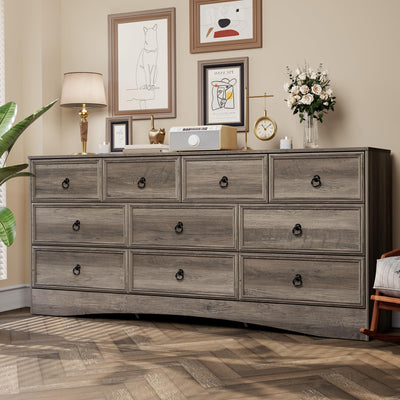 VVFLU Farmhouse 10 Drawer Dresser for Bedroom – 63'' Long Dresser Wood Chest of Drawers,TV Stand for 75 inch TV, Storage Organizer Furniture, Hallway, Entryway, Closet, Brownish Grey