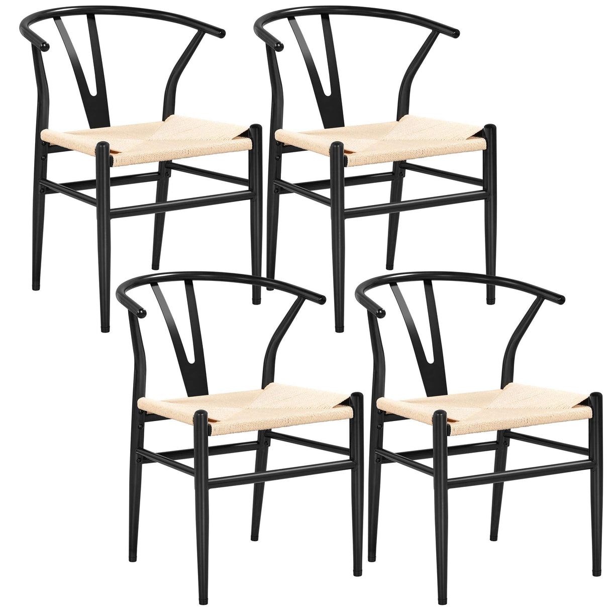 Yaheetech Set of 4 Weave Chair Mid-Century Metal Dining Chair Y-Shaped Backrest Hemp Seat, Black Yaheetech