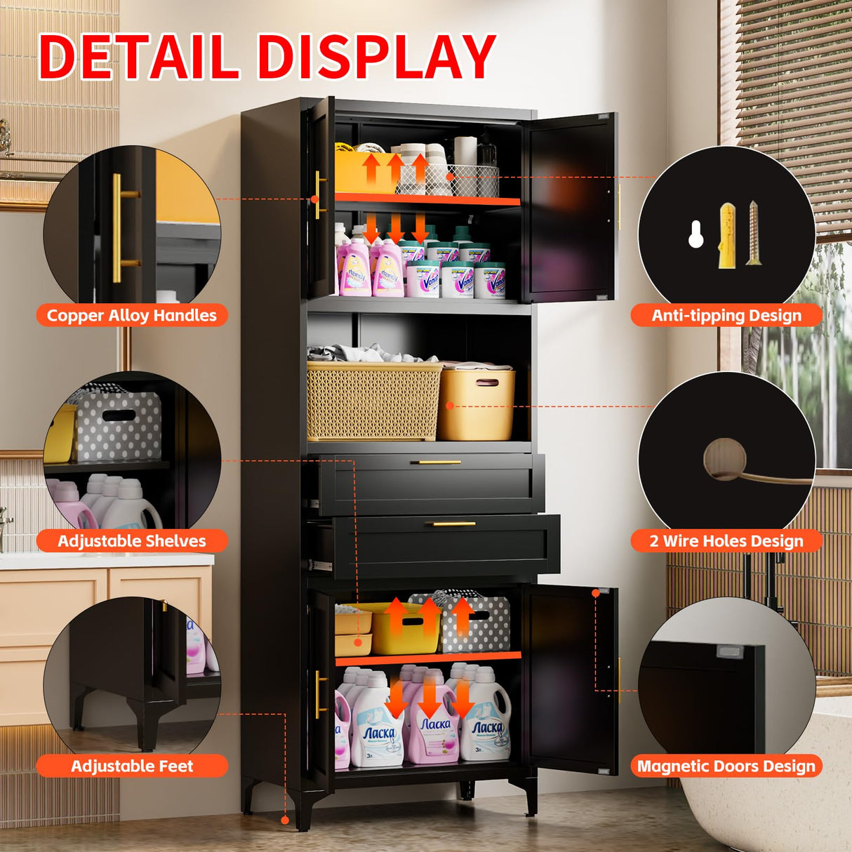 FogQueen 75" Tall Metal Storage Cabinet,Pantry Storage Cabinet with 2 Drawers and Open Space,Kitchen Cupboard with Adjustable Shelves,Multi-Functional Cabinet for Living Room,Bathroom,Garage (Black) FogQueen