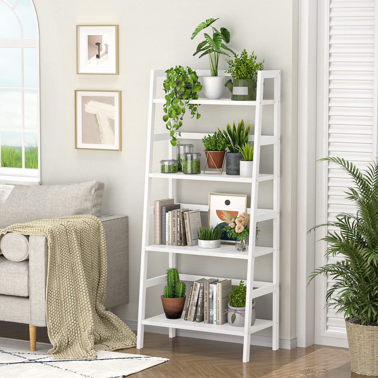 Homykic Bamboo White Bookshelf 4-Tier Ladder Shelf, 49.2” Freestanding Open Bookcase Book Shelf Bathroom Storage Shelf Unit Plant Stand for Small Space, Bedroom, Living Room, Home Office Homykic