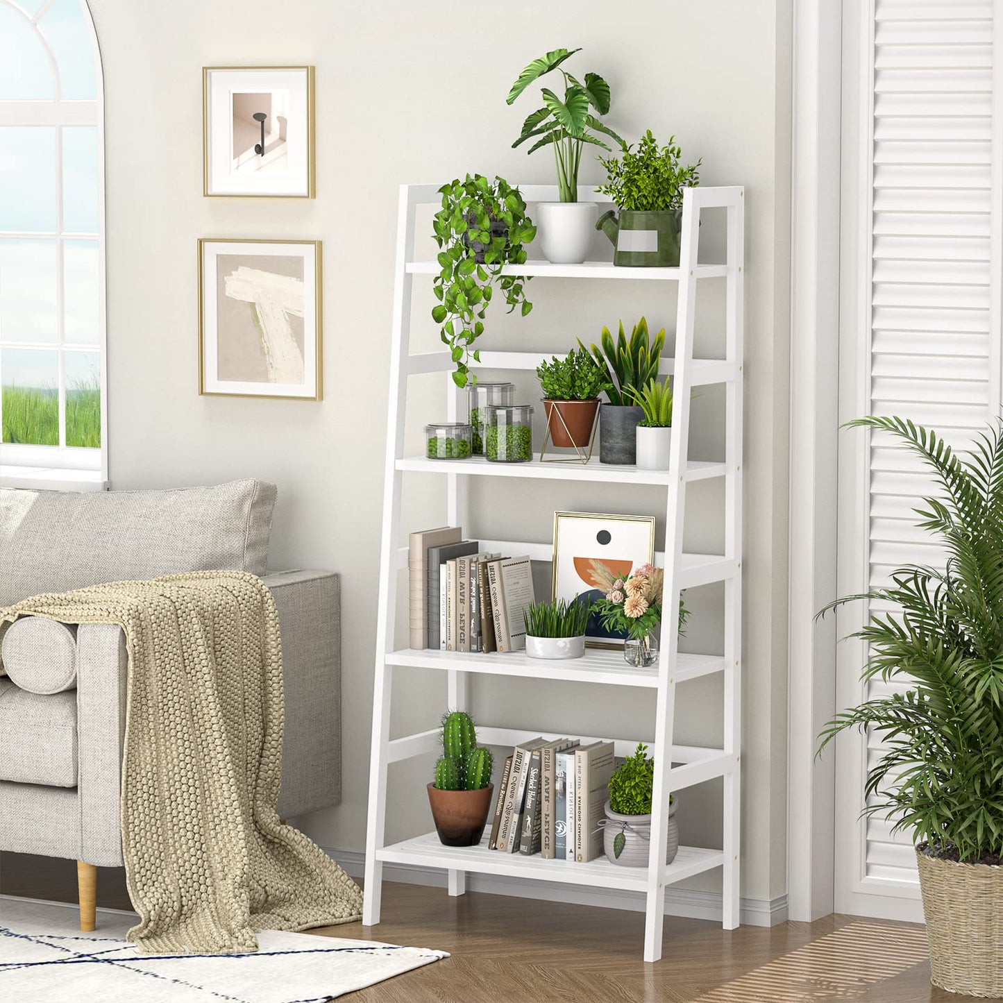 Homykic Bamboo White Bookshelf 4-Tier Ladder Shelf, 49.2” Freestanding Open Bookcase Book Shelf Bathroom Storage Shelf Unit Plant Stand for Small Space, Bedroom, Living Room, Home Office - WoodArtSupply