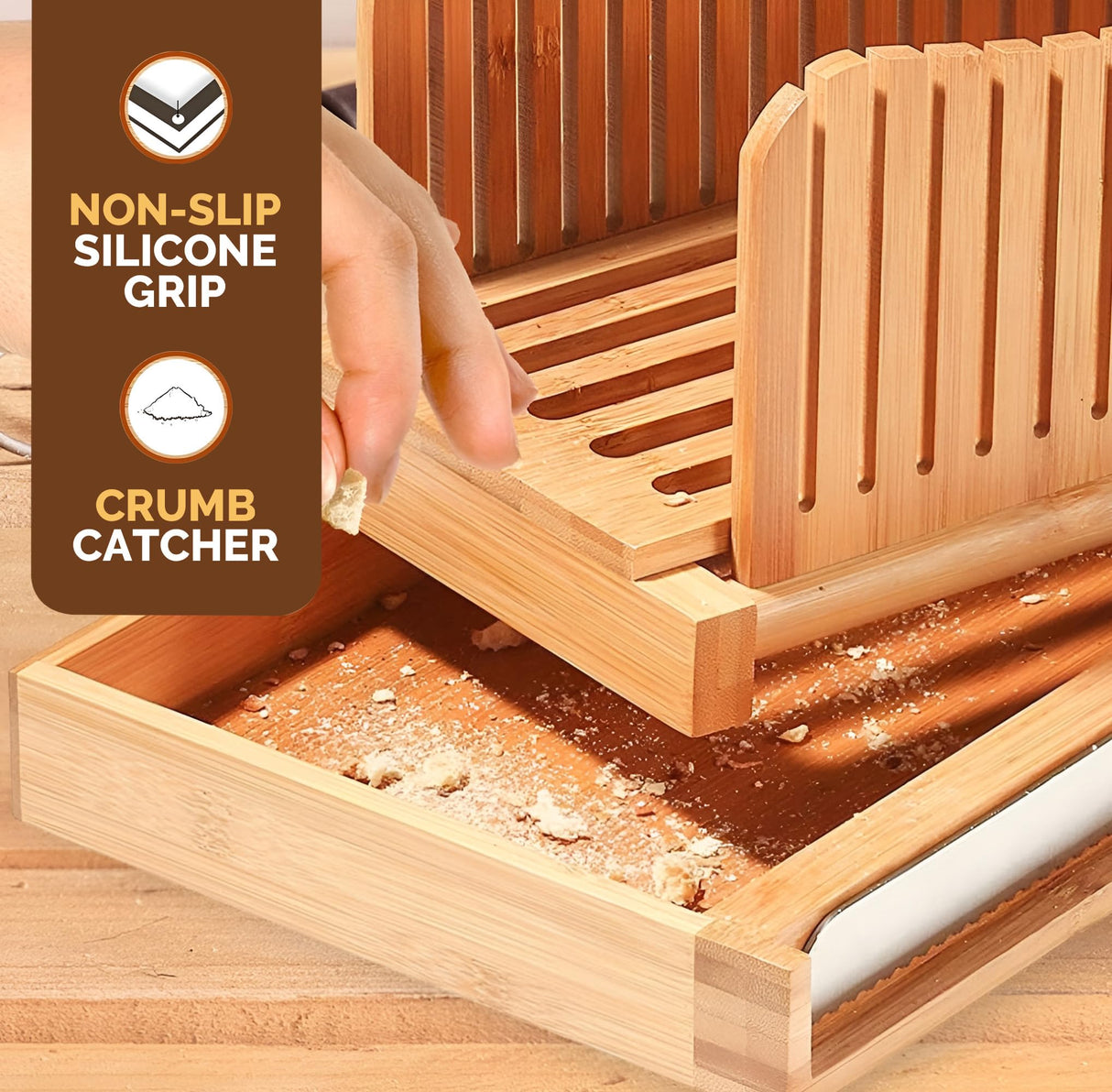 Bambüsi Bread Slicer for Homemade Bread - Bamboo Bread Cutter with Knife, Foldable Slicing Guide, Crumb Tray - Compact Bread Loaf Slicer for Cakes, Bagels, Loaves - Kitchen Gadget & Gifts Bambüsi