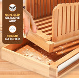 Bambüsi Bread Slicer for Homemade Bread - Bamboo Bread Cutter with Knife, Foldable Slicing Guide, Crumb Tray - Compact Bread Loaf Slicer for Cakes, Bagels, Loaves - Kitchen Gadget & Gifts Bambüsi