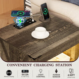 Farmhouse LED Nightstand with Gun Drawer&Invisible Lock,Modern Bedside Table with Human Sensor Design,Rustic Side Table with Wireless Charging for Living Room, Dark Oak FREDEES
