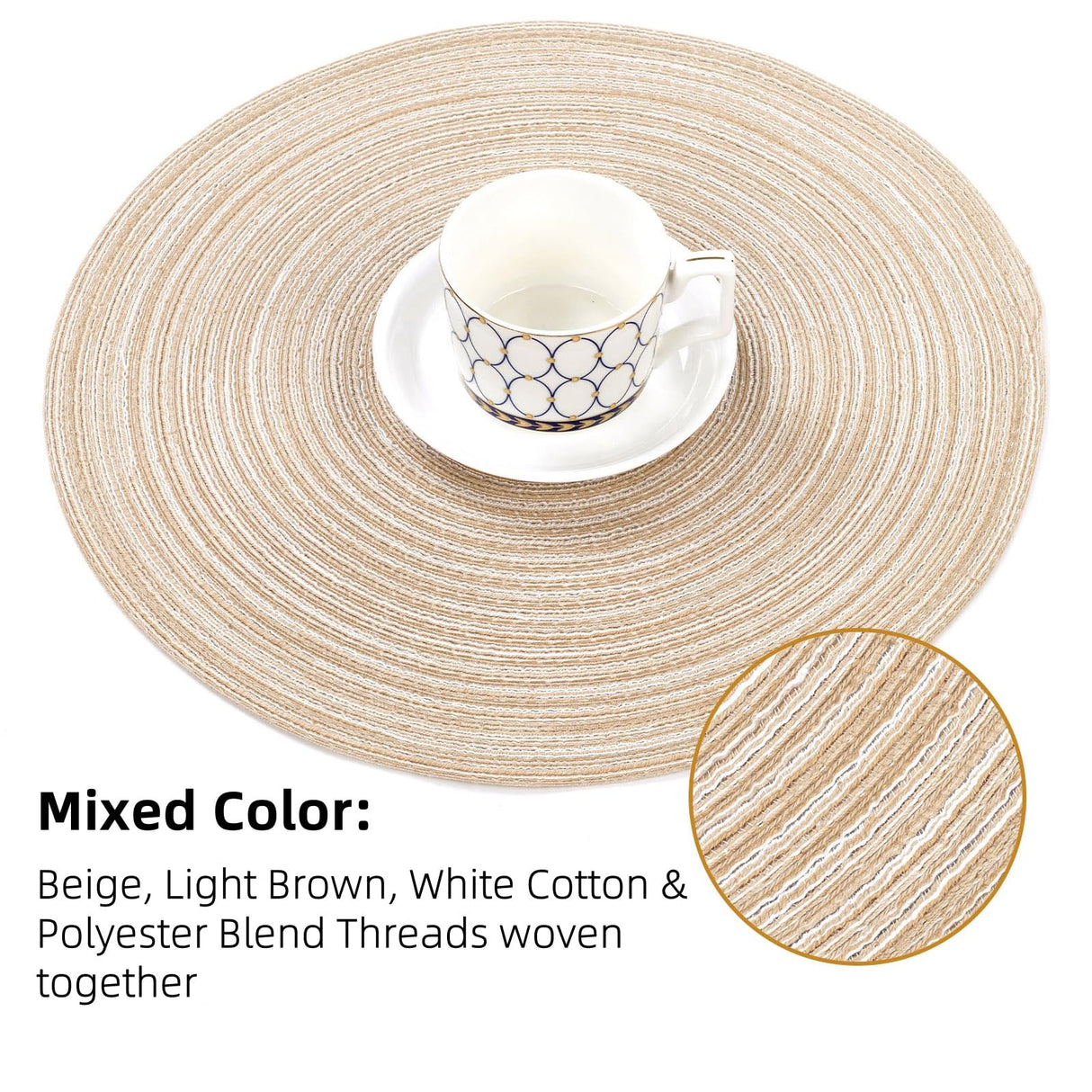 SHACOS 15 inch Round Braided Placemats Set of 6 Non Slip Heat Resistant Cotton Polyester Table Mats Washable Place Mats for Kitchen Dining Party Table Decor (Beige, 6) SHACOS