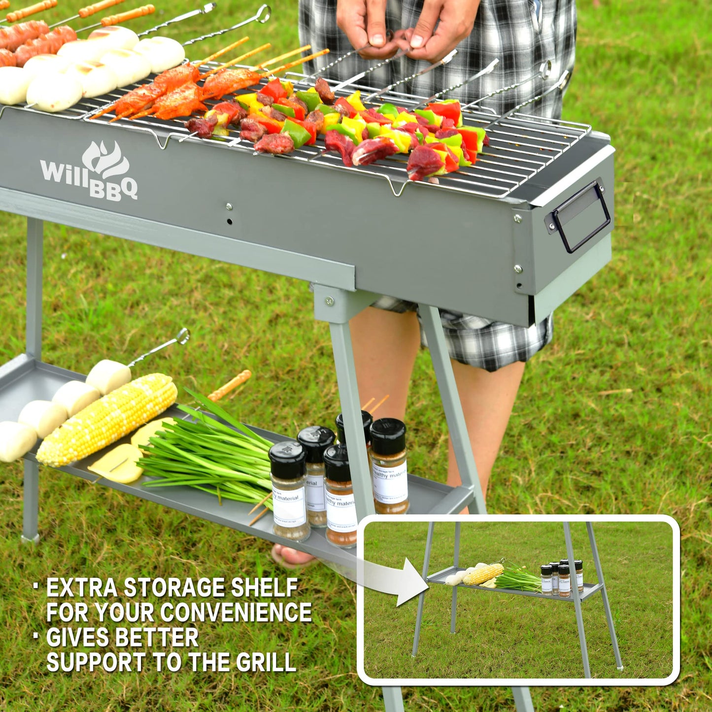 WILLBBQ Commercial Quality Portable Charcoal Grills Multiple Size Hibachi BBQ Lamb Skewer Folded Camping Barbecue Grill for Garden Backyard Party Picnic Travel Outdoor Cooking Use(31.6x7.1x5.1 inch)