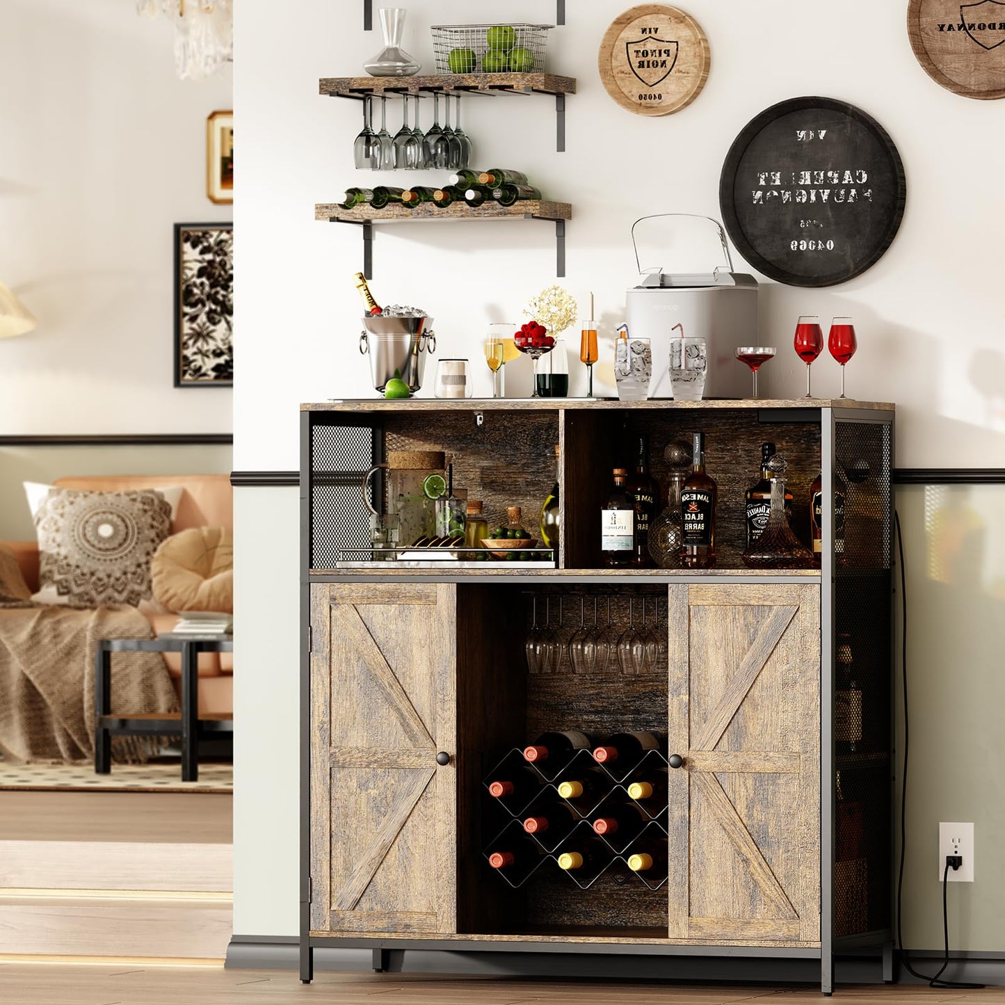 Redlife Wine Bar Cabinet with Power Outlets, Liquor Cabinet with LED Lights and Glass Holder, Industrial Storage Buffet Cabinet Coffee Bar Cabinet, Liquor Cabinet Bar Home, Bar Cabinet with Lights