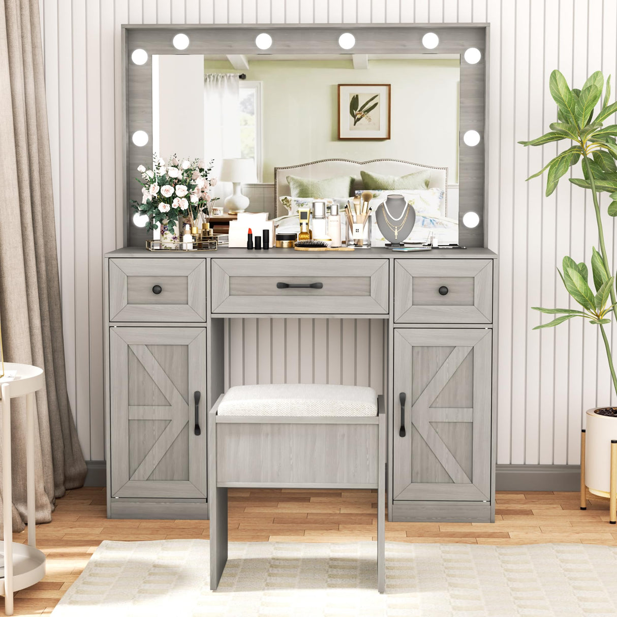 Greenvelly Makeup Vanity with Lights, Grey Farmhouse Vanity Desk with Lighted Mirror, 3 Lighting Modes, Brightness Adjustable, Dressing Table with Drawers, Vanitys Table Set for Women, Girls Greenvelly