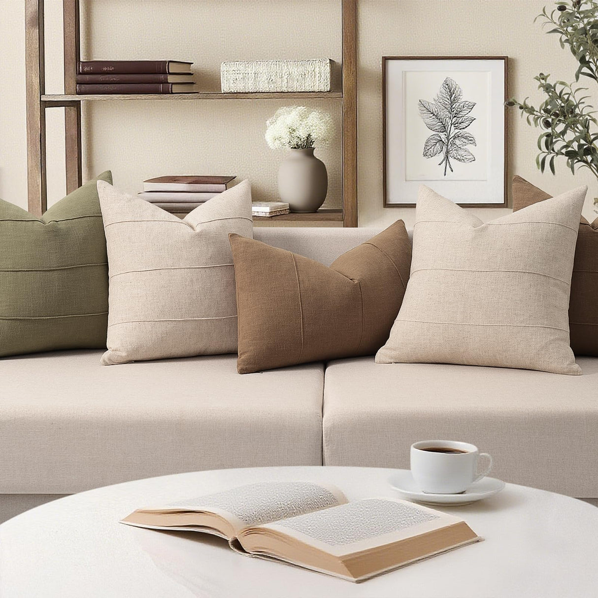 Decorative Linen Throw Pillow Covers 18x18 Set of 2 Solid handcrafted Striped Cushion Covers for Bed Soft Modern Farmhouse Neutral Pillowcase for Couch Bedroom Living Room Home Decor(Natural Beige) ZWJD