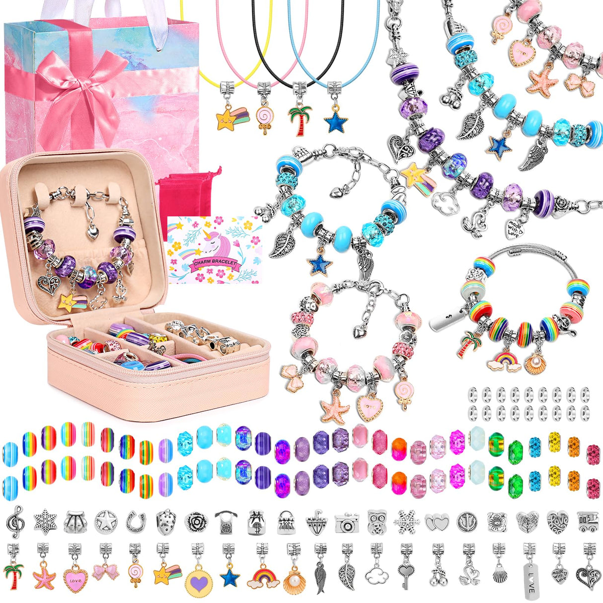 Charm Bracelet Making Kit for Girls, 140 PCS DIY Craft Bead Sets Jewelry Making Kit for Teen Girls Age 8-12, Portable Bracelet Organizer Gift Box for Teenage Birthday Christmas Stocking Gift LifeisLuck