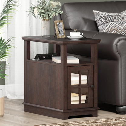 HIFYOBRO End Table with Hidden Charging Station, 14" Side Table with Storage for Living Room and Bedroom, Power outlets & Type-C & USB Port, Adjustable Shelf