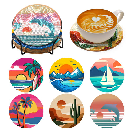 Zynlio Sunset Diamond Paintings Coasters Kits Set with Holder,Diamond Art, DIY Diamond Crafts Coasters for Adults, Diamond Art Painting Kits for Women, Beginners, Diamond Craft Supplies Zynlio