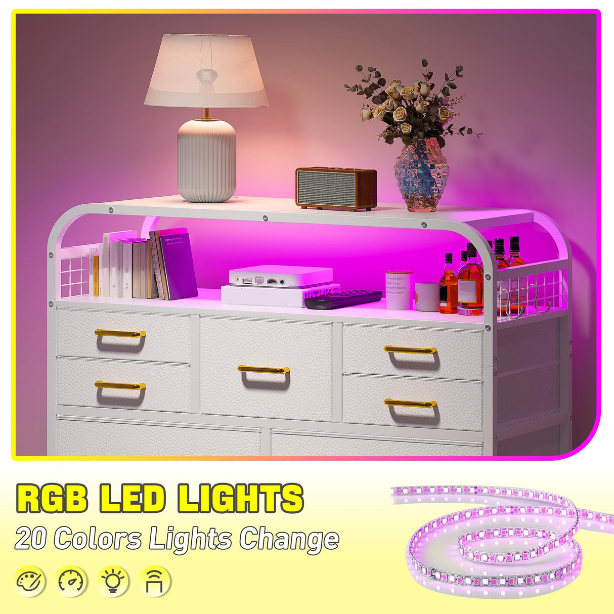 EnHomee White Dresser,11 Drawer Dresser for Bedroom with LED Lights & Charging Station, Fabric Dressers & Chest of Drawers,2 Tier Wooden Shelves, 4 Hooks, Dresser for Bedroom,Entryway,Sturdy Frame EnHomee