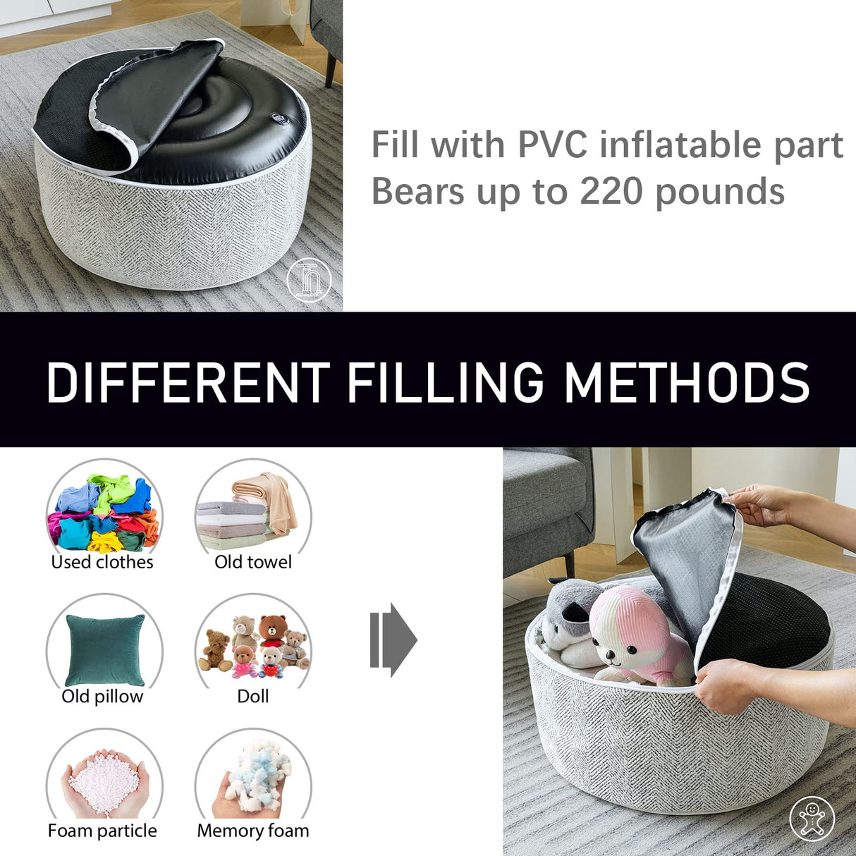 weruisi Inflatable Pouf Ottoman, 21x10 Inches Stuffed Chenille Ottoman with Inflatable PVC Liner, Foot Rest with Portable Handle, Round Floor Pillow for Living Room, Bedroom, Kids Room weruisi