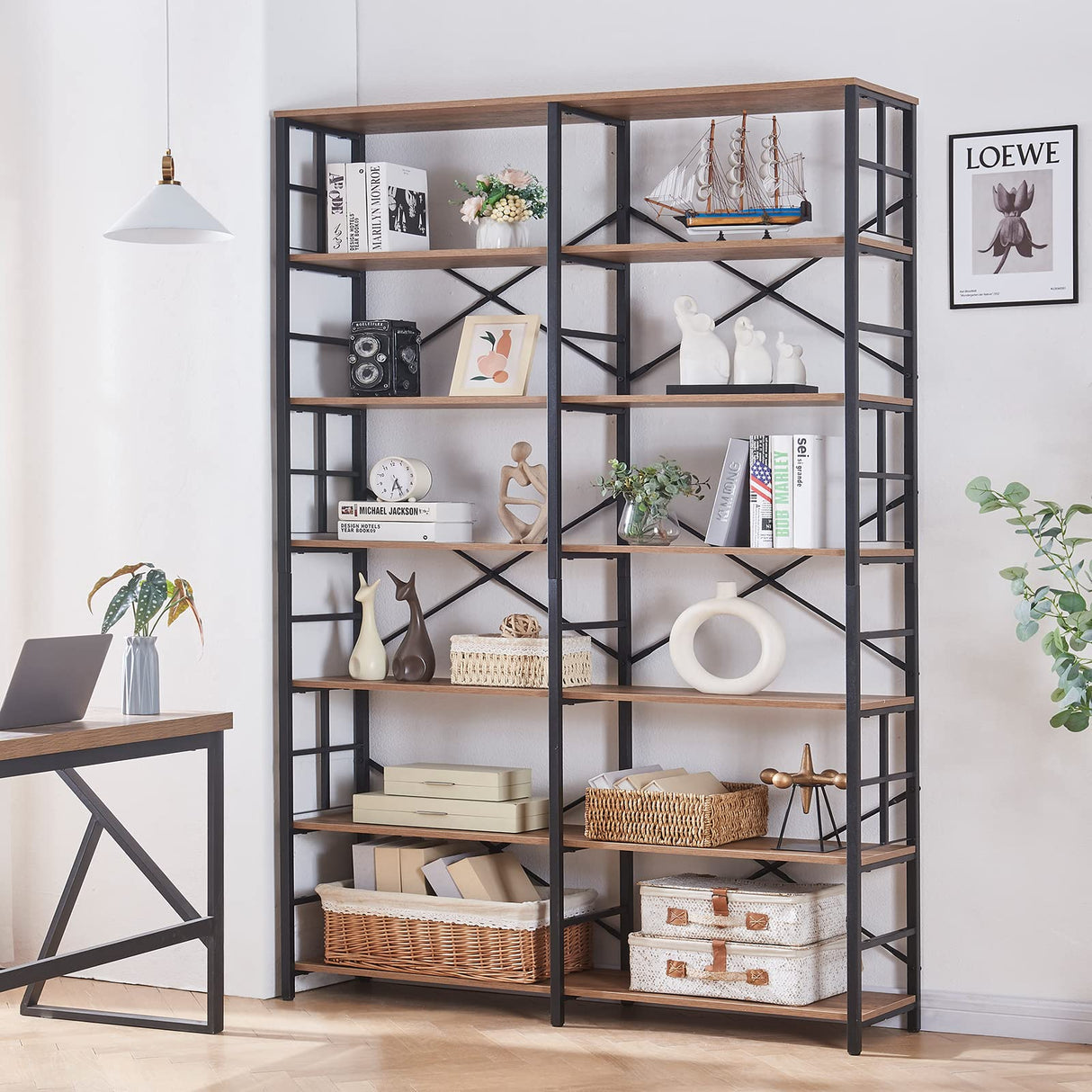 HOMISSUE 84" Industrial Double Wide 7-Tier Bookshelf in Rustic Brown HOMISSUE