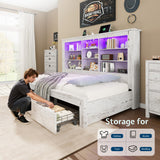 Jocisland Twin Daybed with Bookcase Headboard, USB-C Charging, RGB Lights ＆ 3 Drawers, No Box Spring Needed, Farmhouse Wood Bed Frame for Teens, Dorms, Guest Room, Distressed White Jocisland