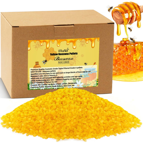 5LB Yellow Beeswax Pellets Food Grade Beeswax Triple Filtered Beeswax for Candle Making Beeswax Pastilles for DIY Creams Lotions Lip Balm Soap WuNa