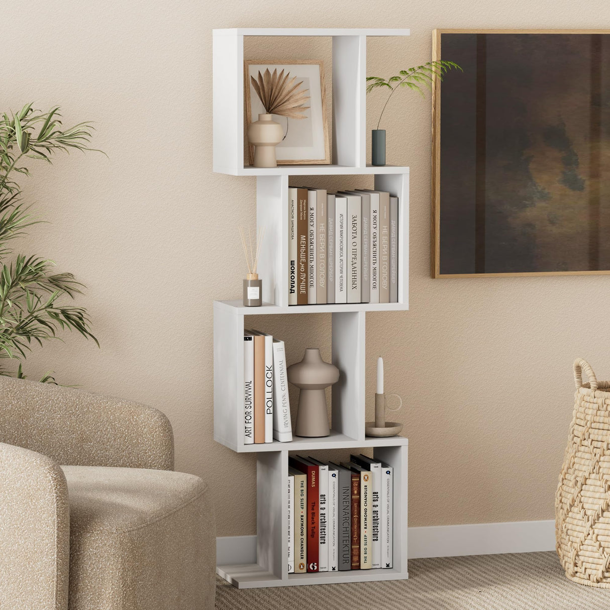Homhedy 4-Tier Bookshelf, S-Shaped Geometric Bookcase, Modern Display Standing Shelf Unit for Living Room, Bedroom, Free Standing Storage Rack for Home Office, White Homhedy