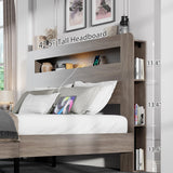 Full Size Wooden Bed Frame with Bookcace Storage Headboard, Rustic Farmhouse Bedframe with LED Lights and Charging Station, Sturdy and Stable, Slat Support, No Box Spring Required (Light Brown, Full) PAUKIN