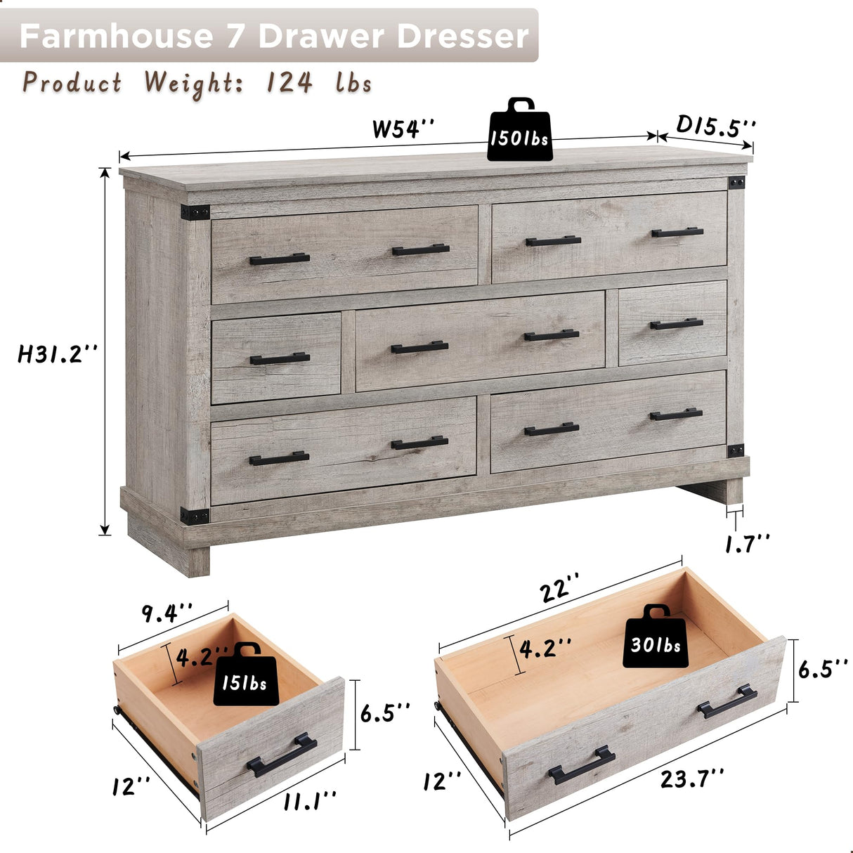 Farmhouse 7 Drawer Dresser for Bedroom - Wood Large Dressers & Chests of Drawers for Closet, 54 Inch Wide Dresser TV Stand with Storage for Bedroom, Living Room, Light Rustic Oak RedLemon