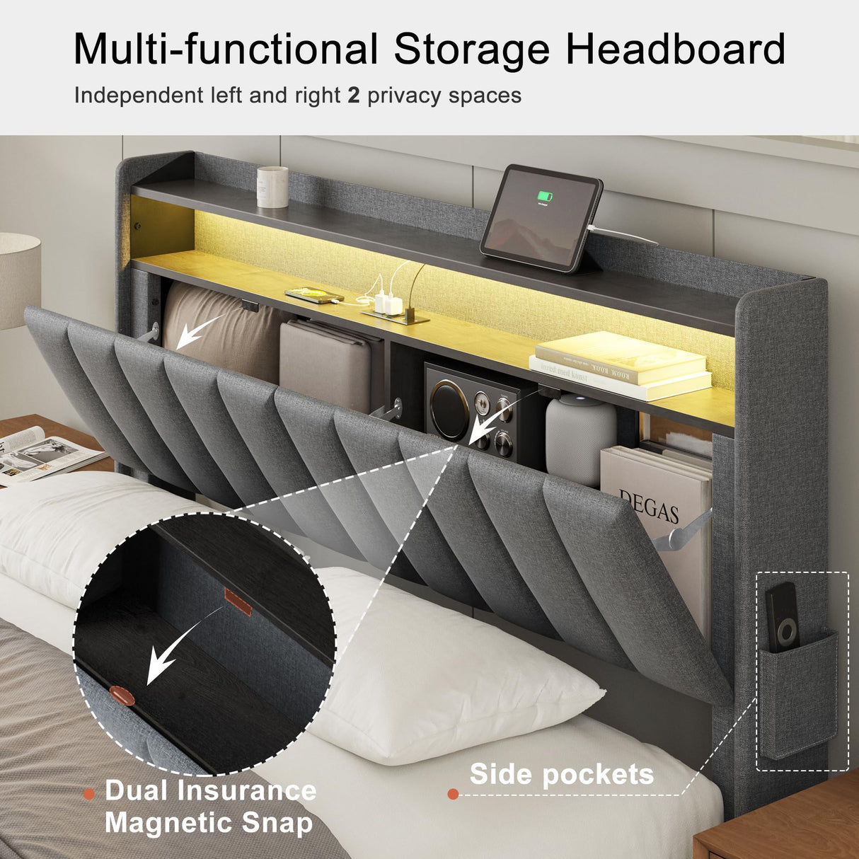 Modern Upholstered FYRENA Queen Bed Frame with Storage Headboard, LED Lights, USB Ports & Strong Wood Slats Support FYRENA