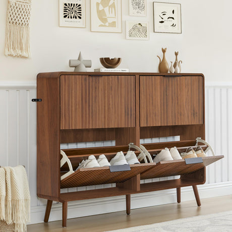 47" Fluted Large Shoe Cabinet with 4 Flip Drawers, Slim Freestanding Shoe Cabinet Organizer, Narrow Shoes Storage Rack for Entryway, 5 Sturdy Legs (All Walnut, 9.45" D x 47.24" W x 35.83" H) FurSch