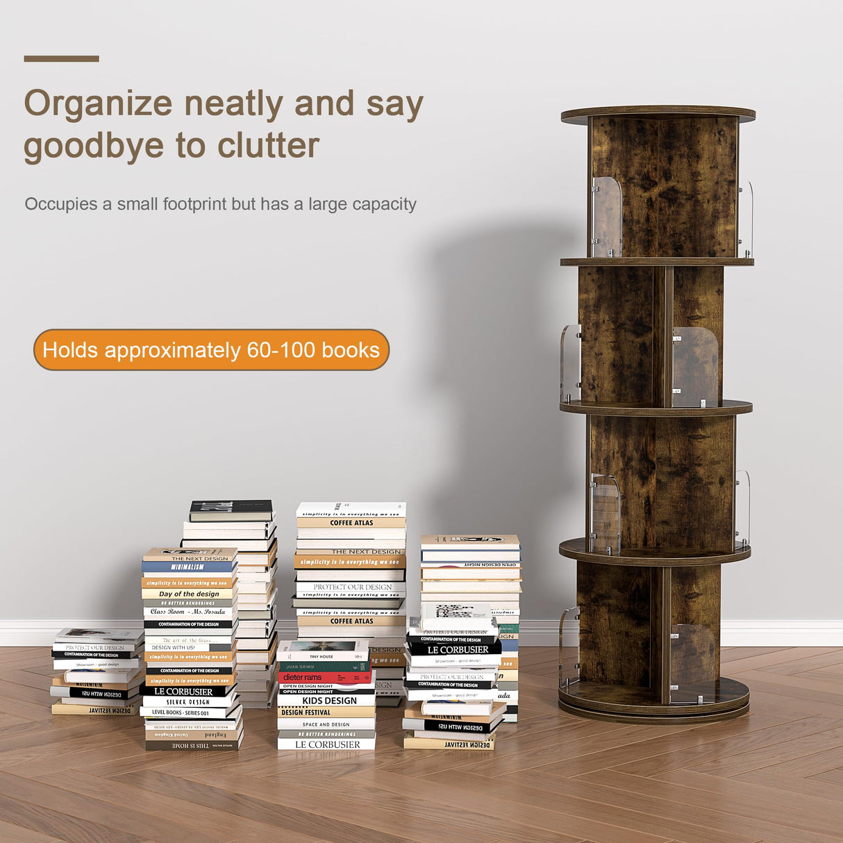 VECELO Rotating Bookshelf Tower, 360°Revolving Bookcase, Round Book Shelf Rotating, Stackable Storage Display Rack Floor Standing, Ideal for Home Office, Brown VECELO