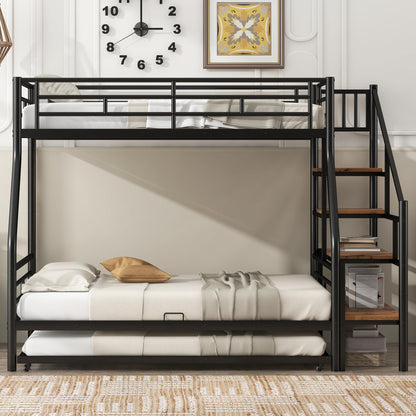 Ziraukon Twin Over Full Bunk Beds with Stairs and Trundle, Metal Bunk Bed with Storage, Safe Guardrails, No Box Spring Needed, Black